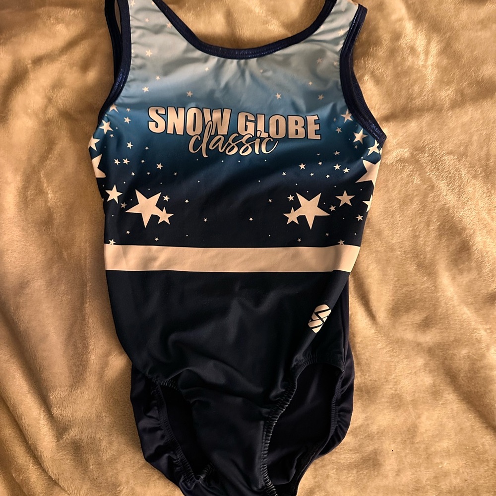Snow glow classic white and blue gymnastics leotard